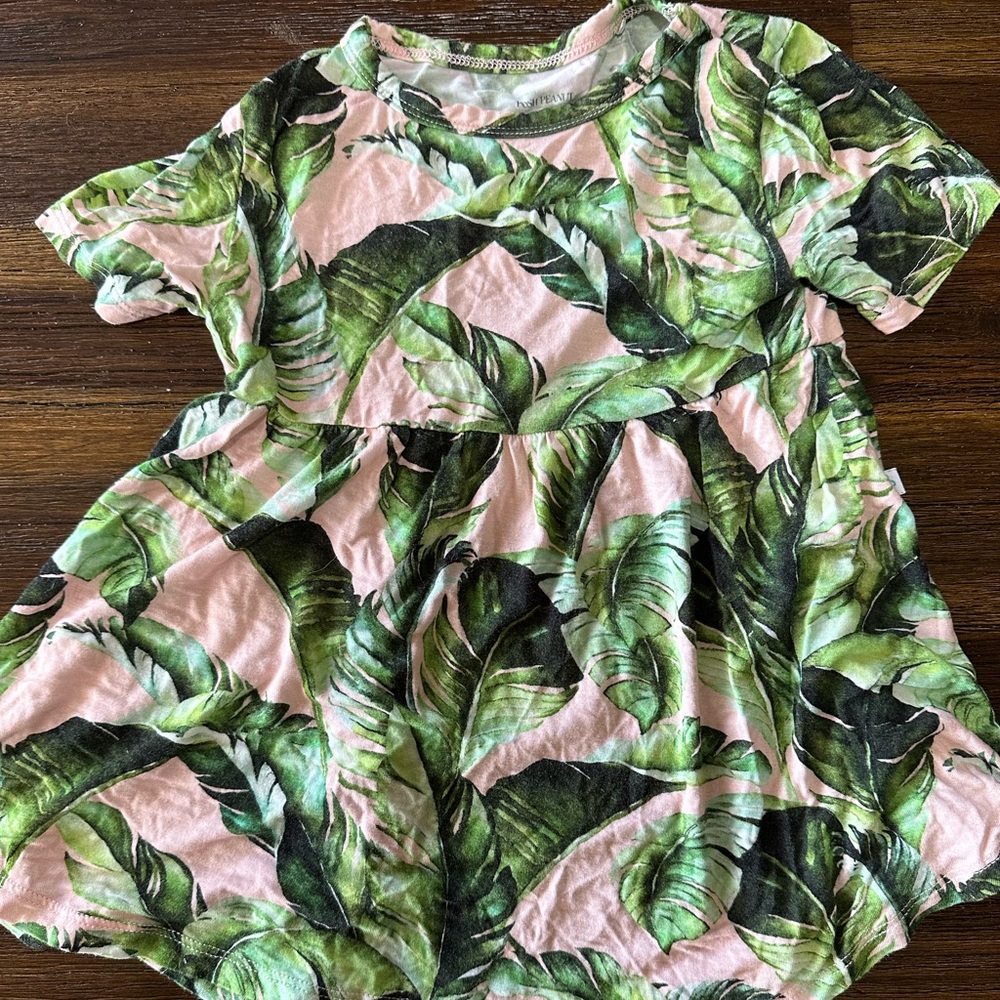 Girls Pink & Green Tropical Leaf Short Sleeve Dress